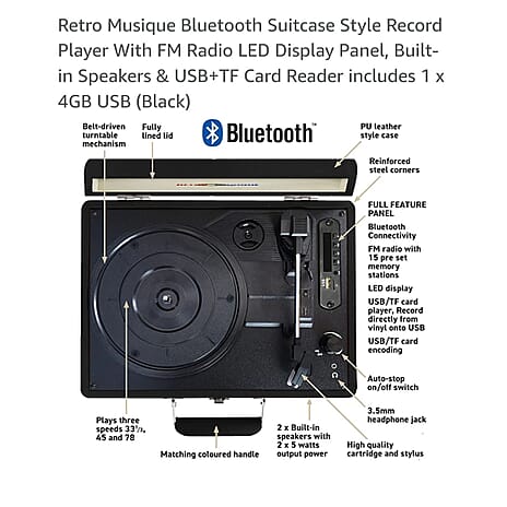 Retro Musique Bluetooth Suitcase Style Record Player With FM Radio LED Display Panel, Built-in Speakers - USB-TF Card Reader includes 1 x 4GB USB - Black