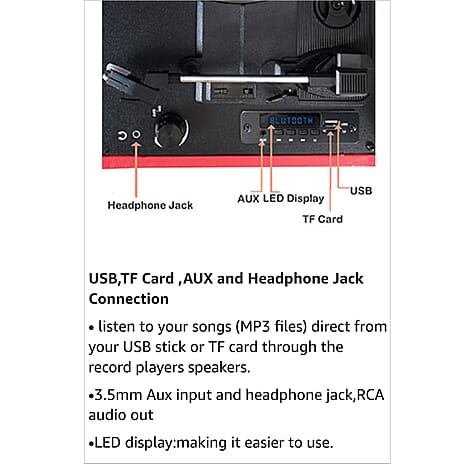Retro Musique Bluetooth Suitcase Style Record Player With FM Radio LED Display Panel, Built-in Speakers - USB-TF Card Reader includes 1 x 4GB USB - Black