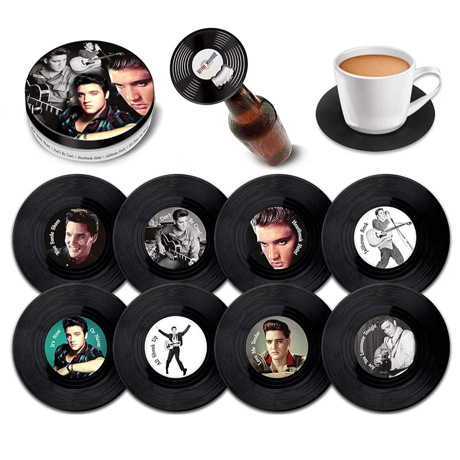 Set of 8 Elvis Presley Music Disc Coasters) - Black