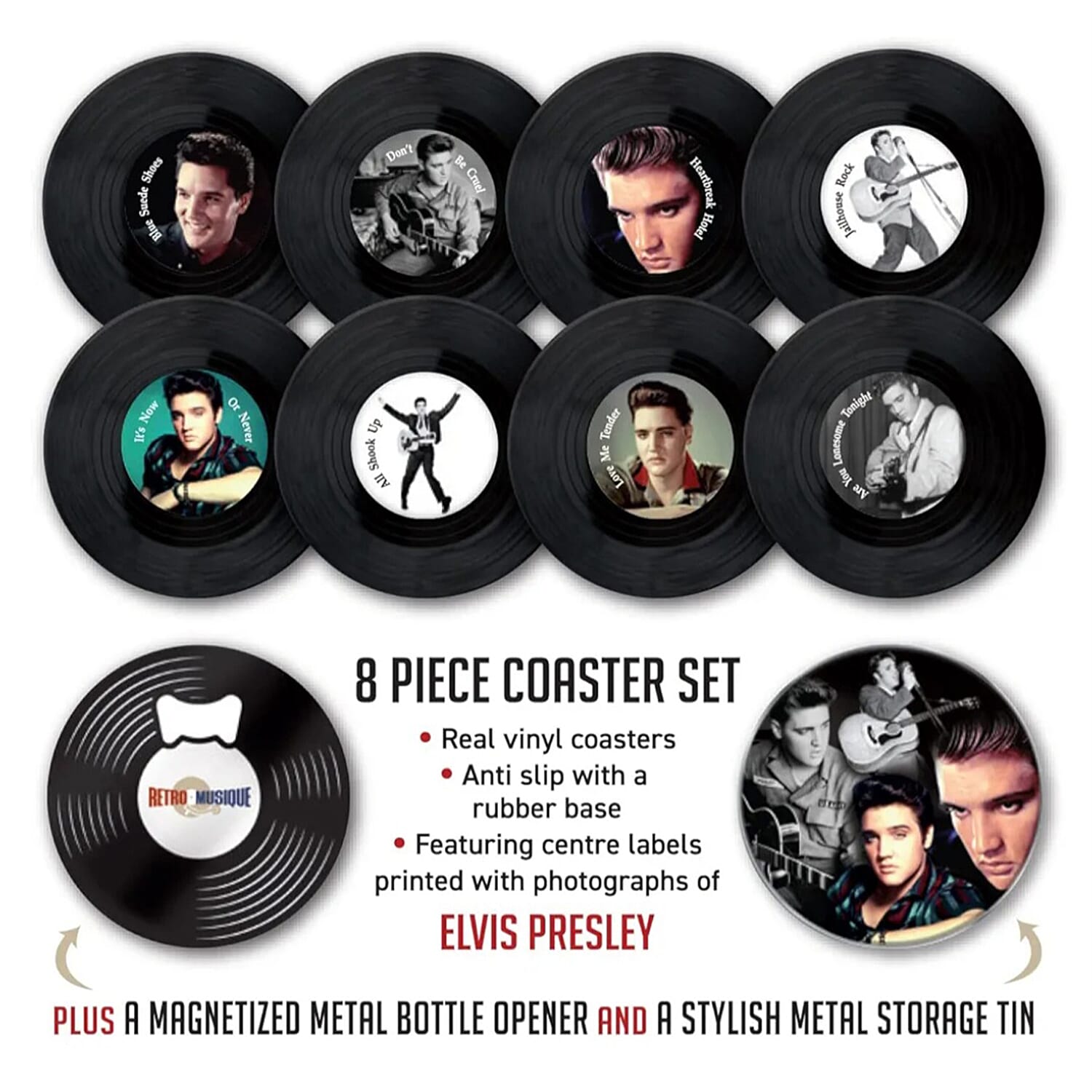 Set of 8 Elvis Presley Music Disc Coasters) - Black