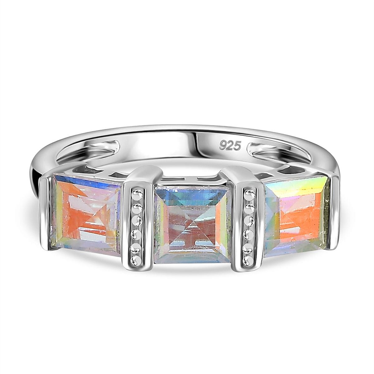 Mercury Mystic Topaz  3 Stone Ring in Rhodium Overlay Sterling Silver 2.60 Ct
