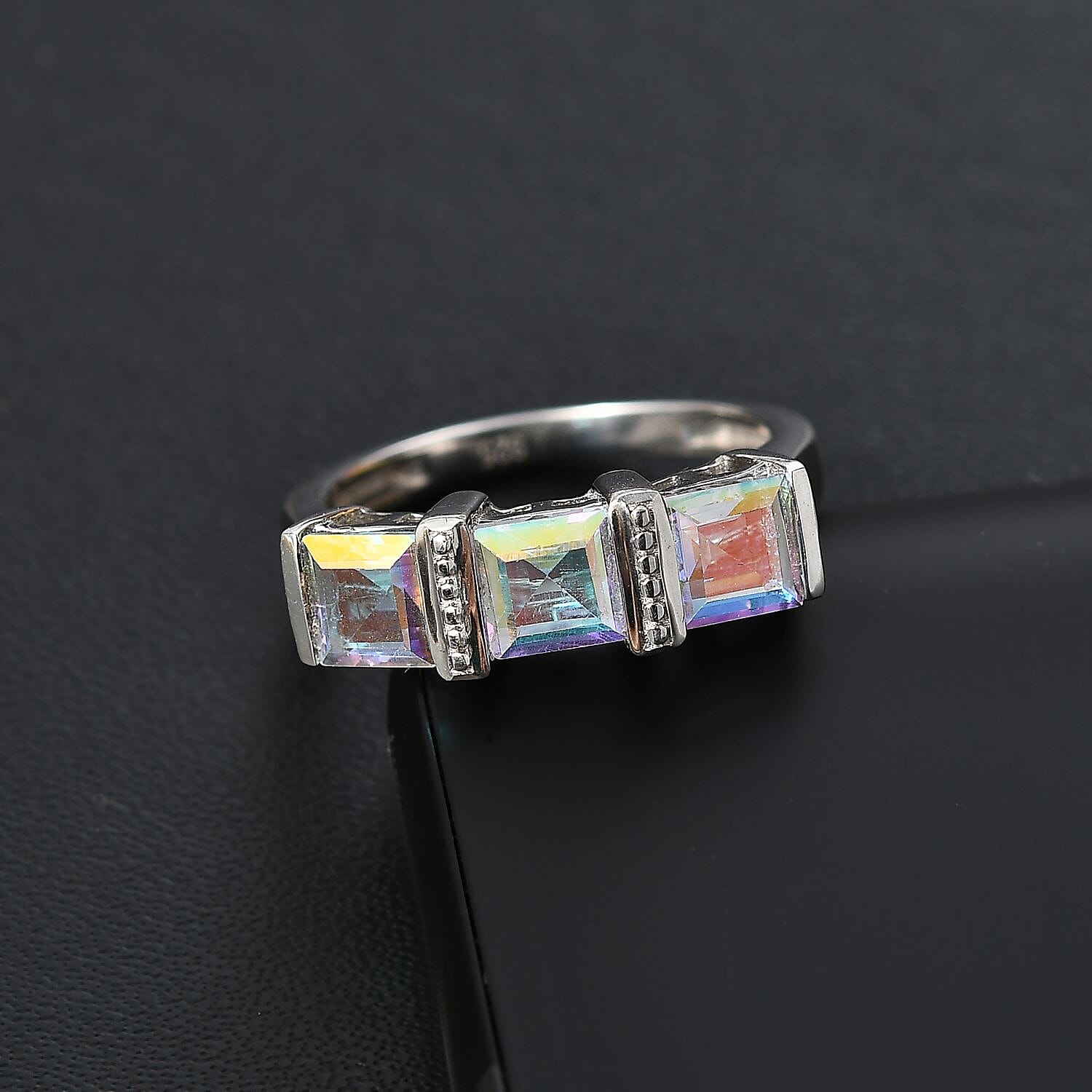 Mercury Mystic Topaz  3 Stone Ring in Rhodium Overlay Sterling Silver 2.60 Ct