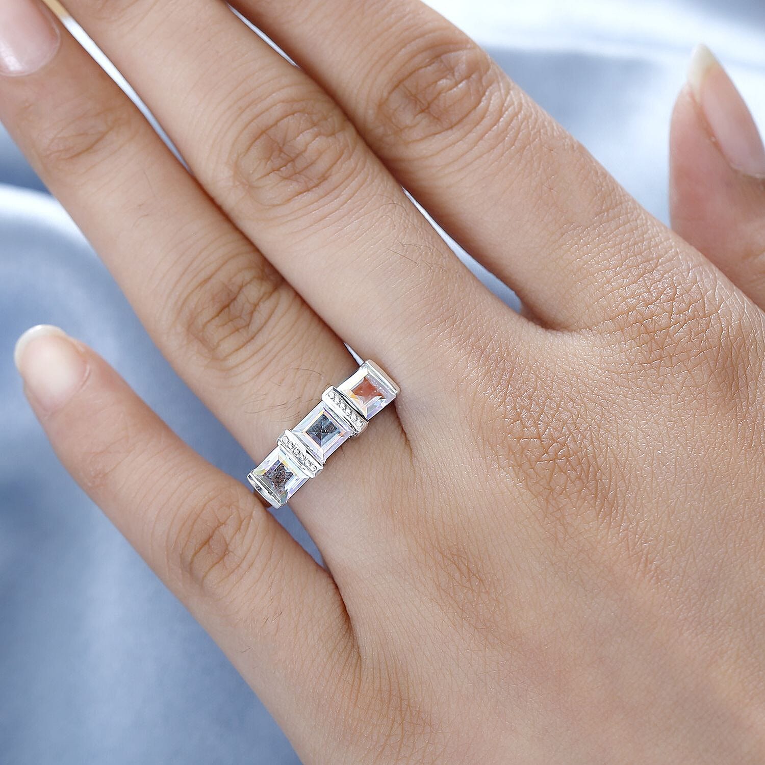 Mercury Mystic Topaz  3 Stone Ring in Rhodium Overlay Sterling Silver 2.60 Ct