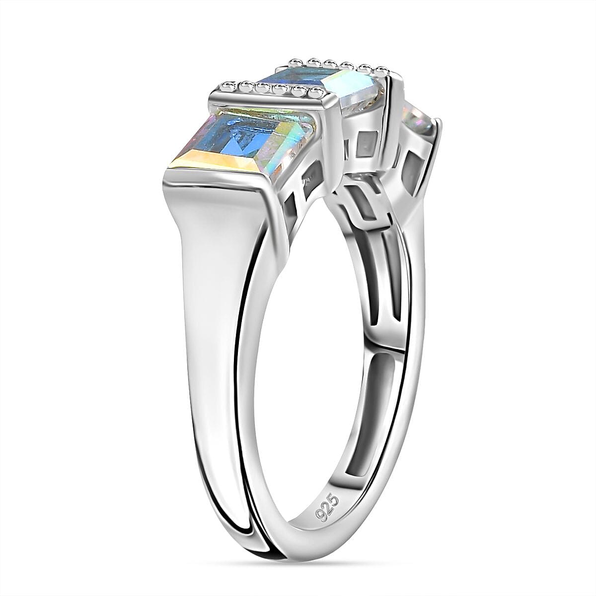 Mercury Mystic Topaz  3 Stone Ring in Rhodium Overlay Sterling Silver 2.60 Ct