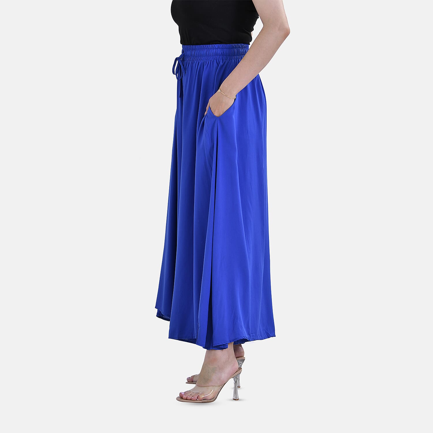 TAMSY 100% Viscose Elastic- waistband Palazzo Trouser (One Size) - Blue