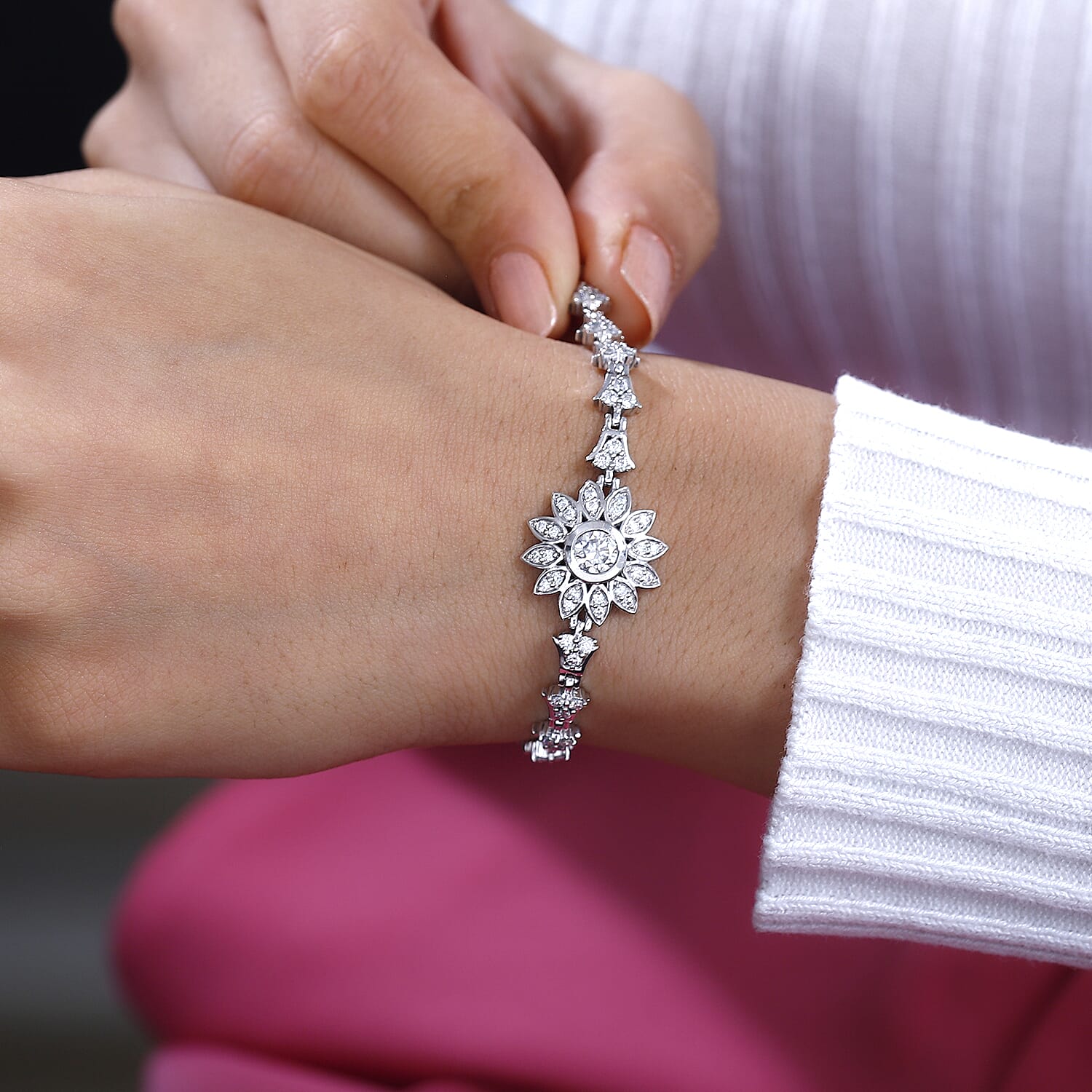 GP Italian Garden Collection - Moissanite Bracelet (Size - 7.5) in Rhodium Overlay Sterling Silver Wt. 10.75 Gms