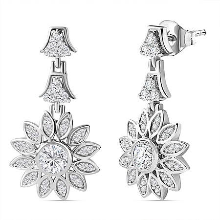 GP Italian Garden Collection - Moissanite Floral Dangle Earrings in Rhodium Overlay Sterling Silver Wt. 6.42 Gms