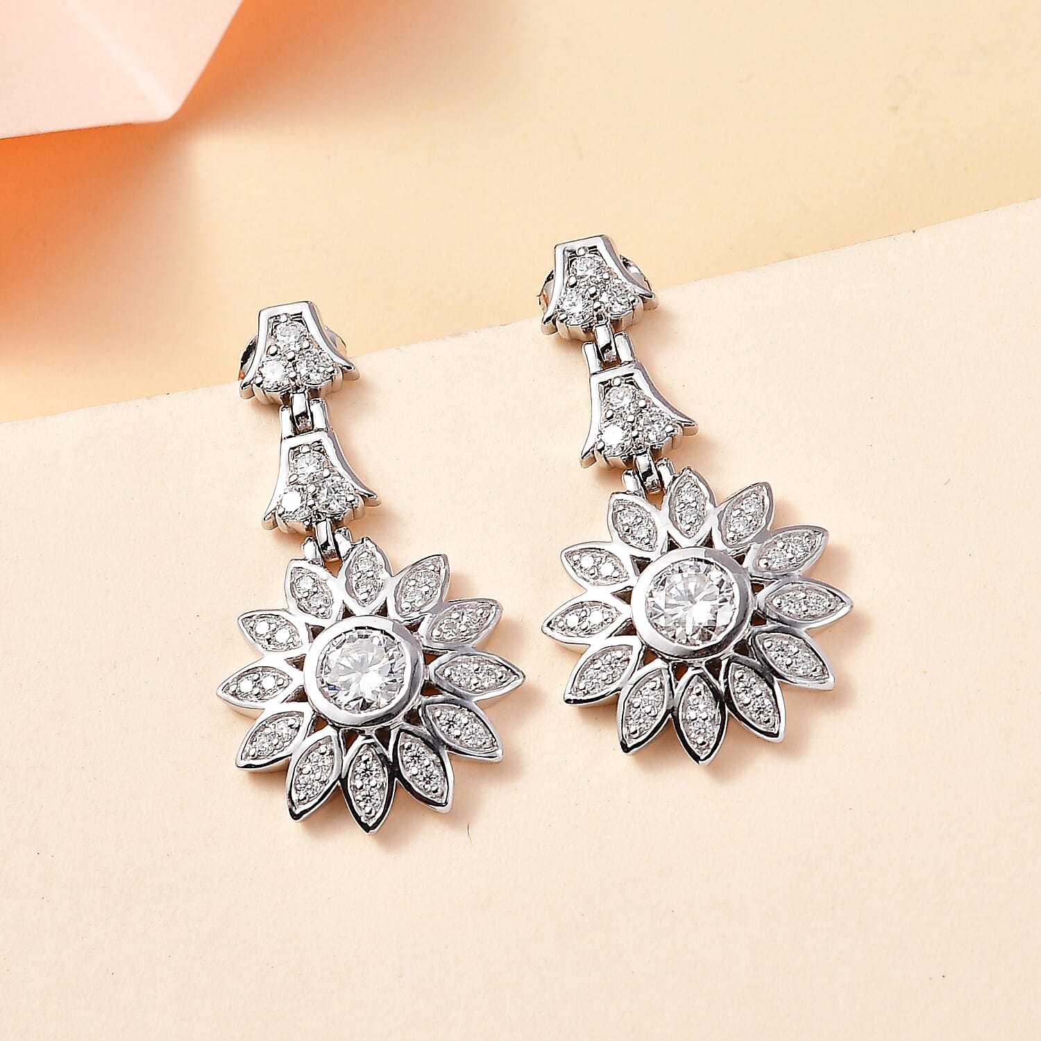 GP Italian Garden Collection - Moissanite Floral Dangle Earrings in Rhodium Overlay Sterling Silver Wt. 6.42 Gms