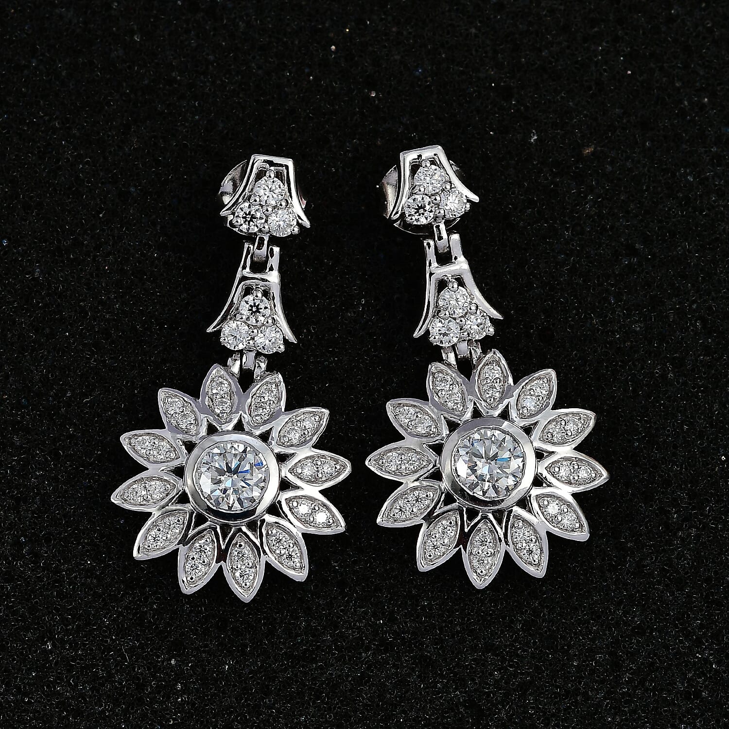 GP Italian Garden Collection - Moissanite Floral Dangle Earrings in Rhodium Overlay Sterling Silver Wt. 6.42 Gms