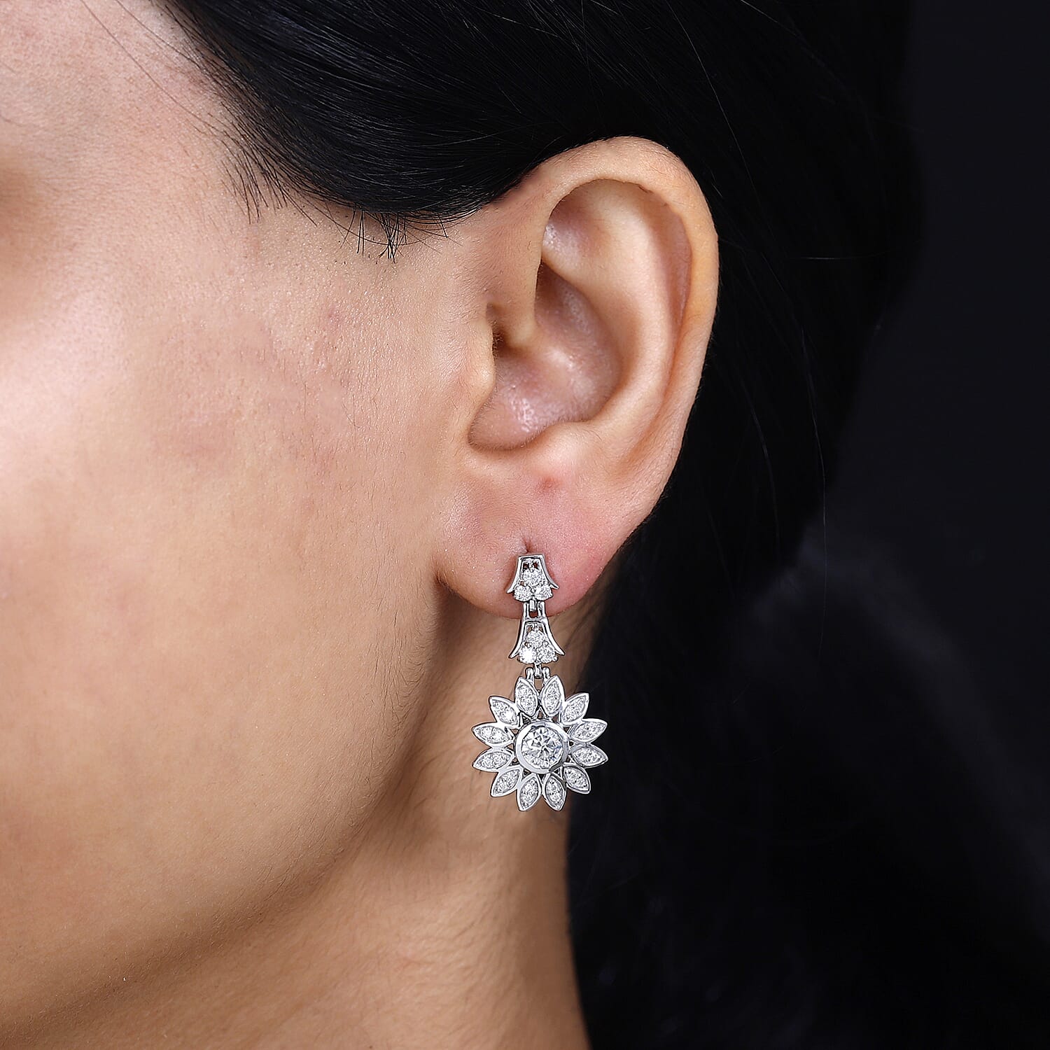 GP Italian Garden Collection - Moissanite Floral Dangle Earrings in Rhodium Overlay Sterling Silver Wt. 6.42 Gms