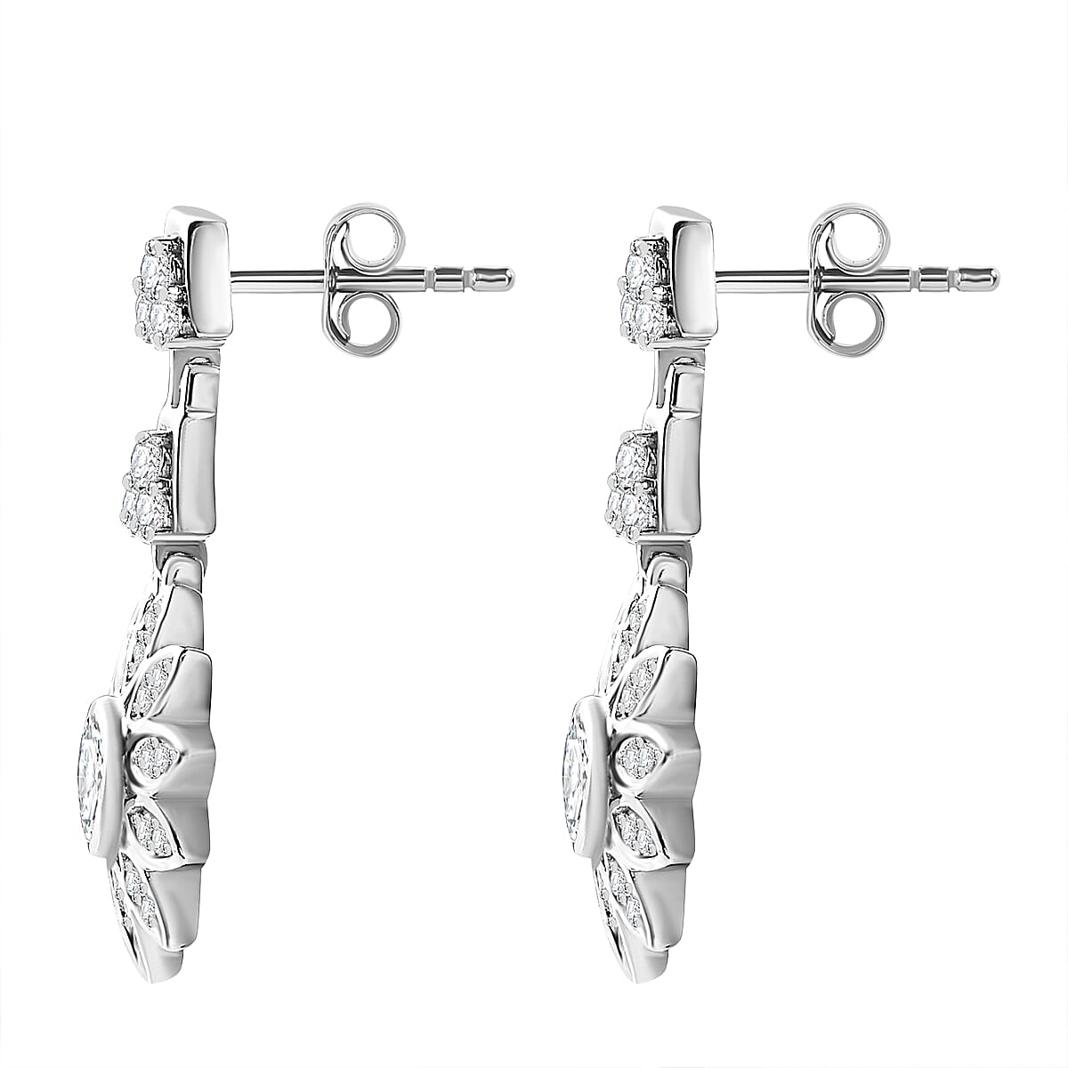 GP Italian Garden Collection - Moissanite Floral Dangle Earrings in Rhodium Overlay Sterling Silver Wt. 6.42 Gms