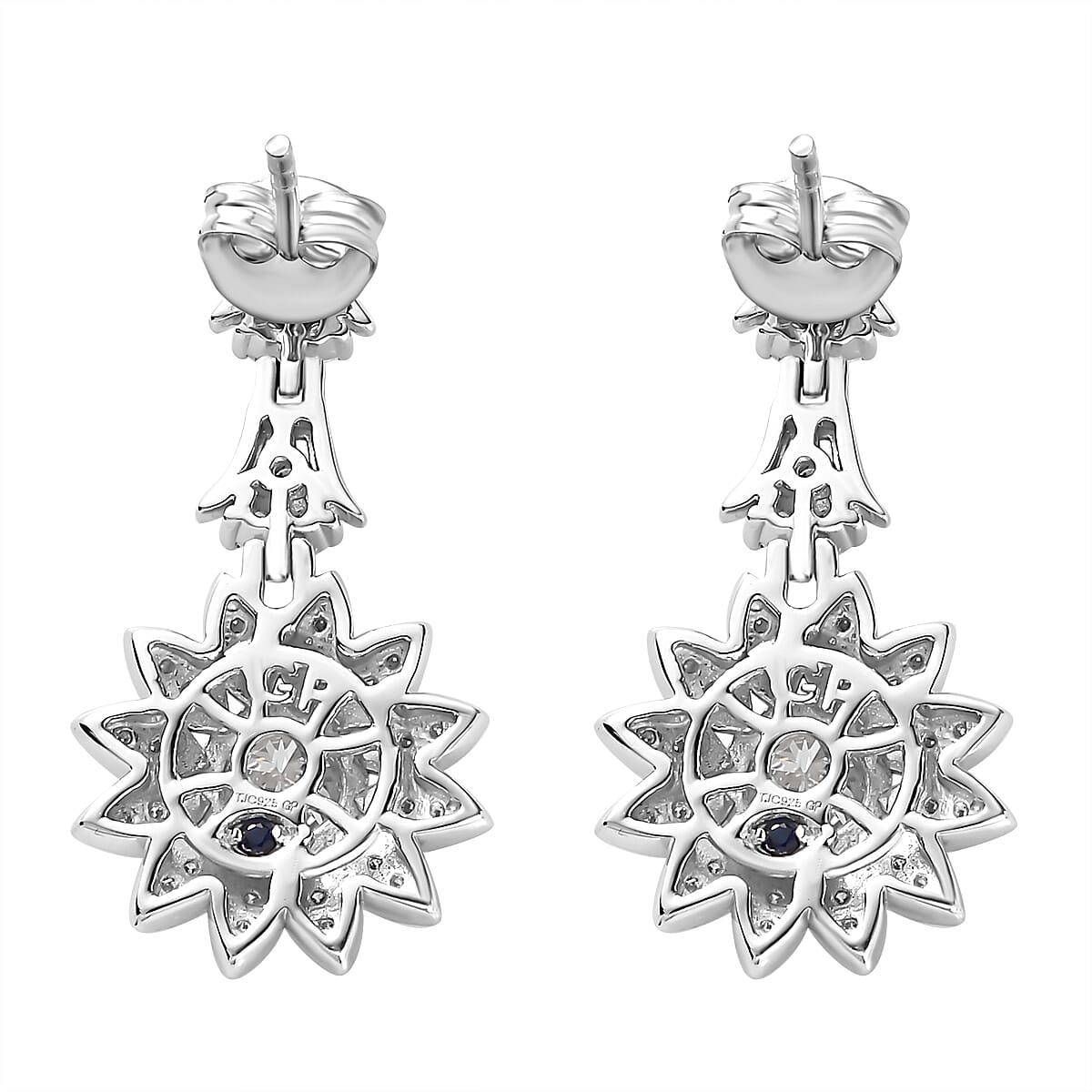 GP Italian Garden Collection - Moissanite Floral Dangle Earrings in Rhodium Overlay Sterling Silver Wt. 6.42 Gms