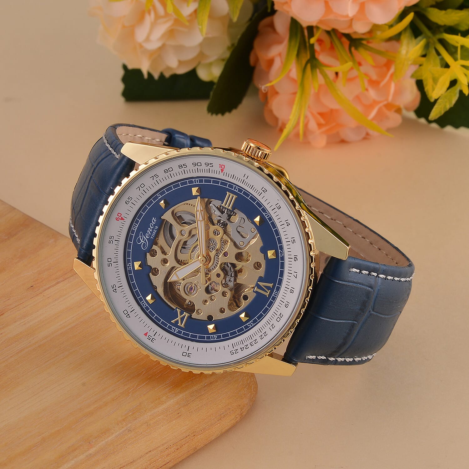 GENOA TIME V2 Automatic Movement Watch 3ATM Water Resistance with Skeleton Display stylish blue leather strap & stainless steel buckle.