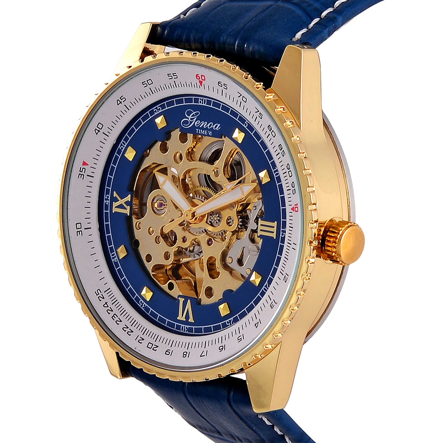 GENOA TIME V2 Automatic Movement Watch 3ATM Water Resistance with Skeleton Display stylish blue leather strap & stainless steel buckle.