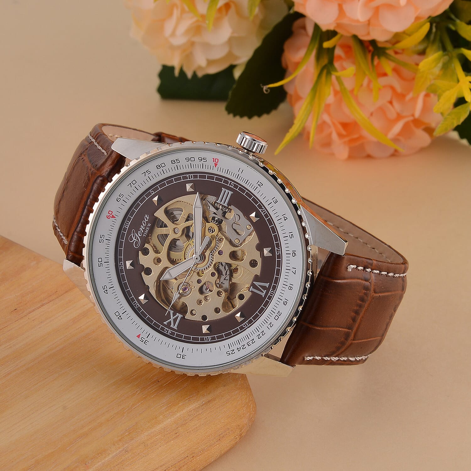GENOA TIME V2 Automatic Movement Watch 3ATM Water Resistance with Skeleton Display stylish brown leather strap & stainless steel buckle.