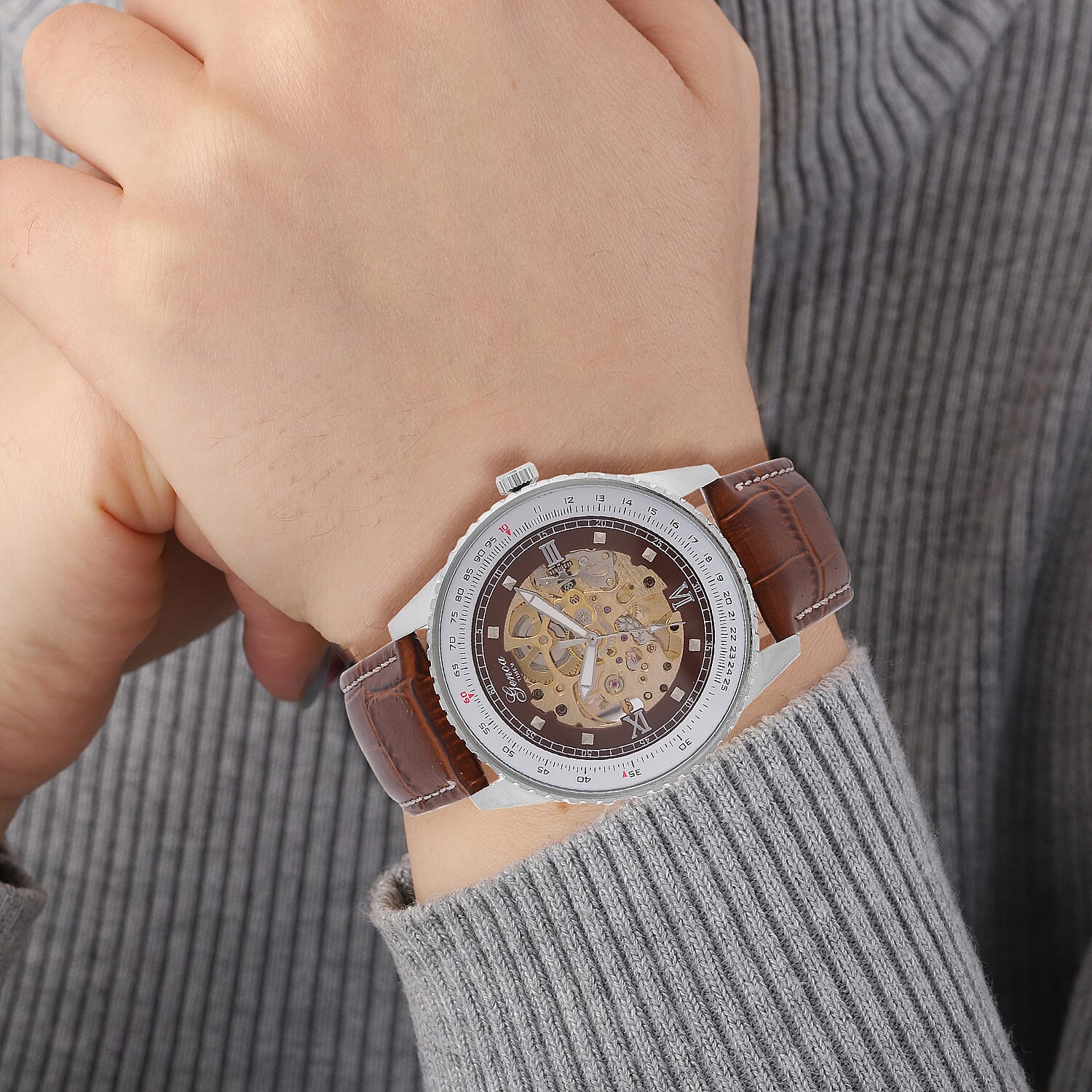 GENOA TIME V2 Automatic Movement Watch 3ATM Water Resistance with Skeleton Display stylish brown leather strap & stainless steel buckle.