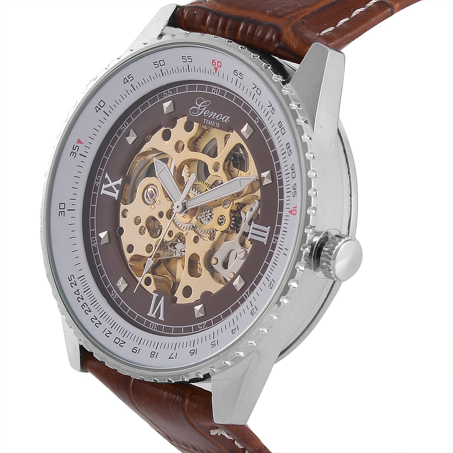 GENOA TIME V2 Automatic Movement Watch 3ATM Water Resistance with Skeleton Display stylish brown leather strap & stainless steel buckle.