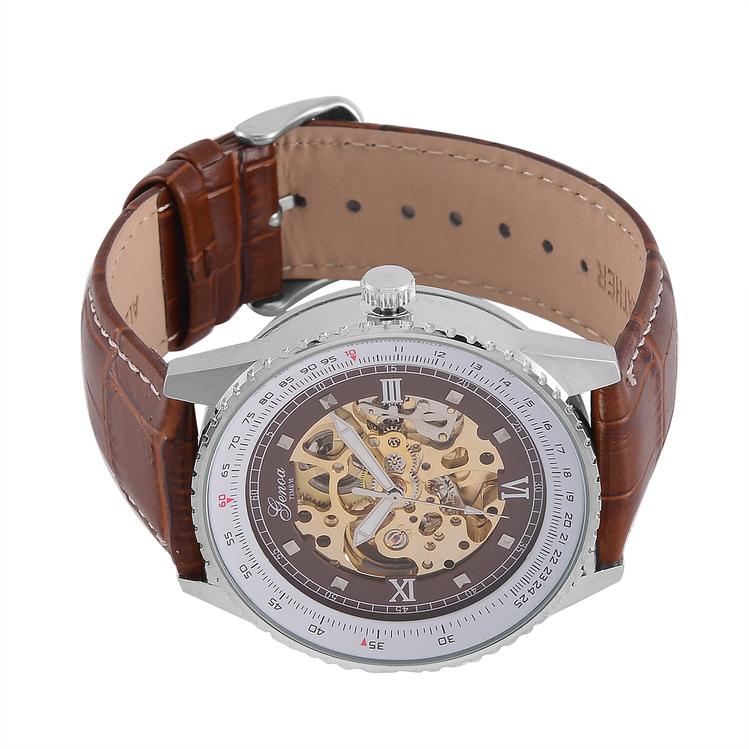 GENOA TIME V2 Automatic Movement Watch 3ATM Water Resistance with Skeleton Display stylish brown leather strap & stainless steel buckle.