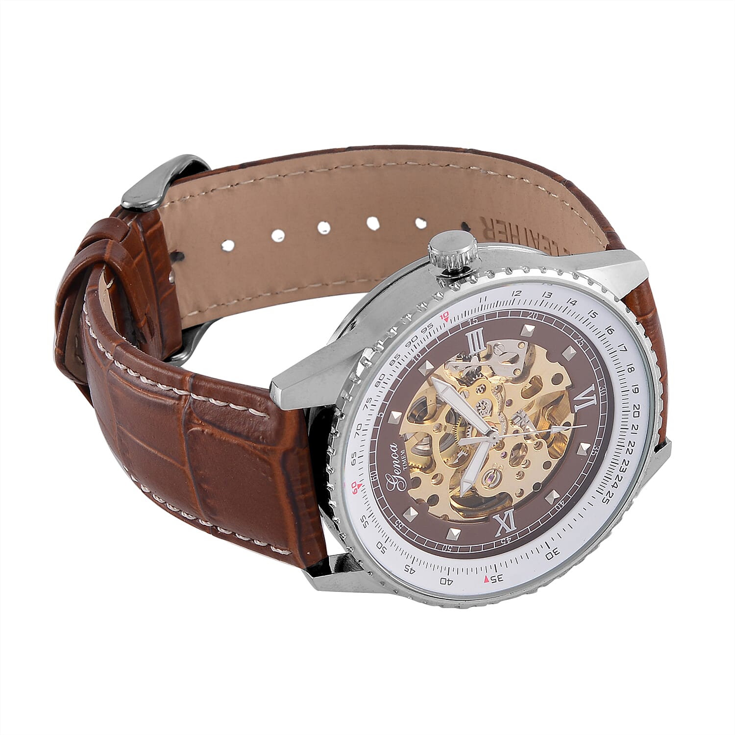 GENOA TIME V2 Automatic Movement Watch 3ATM Water Resistance with Skeleton Display stylish brown leather strap & stainless steel buckle.