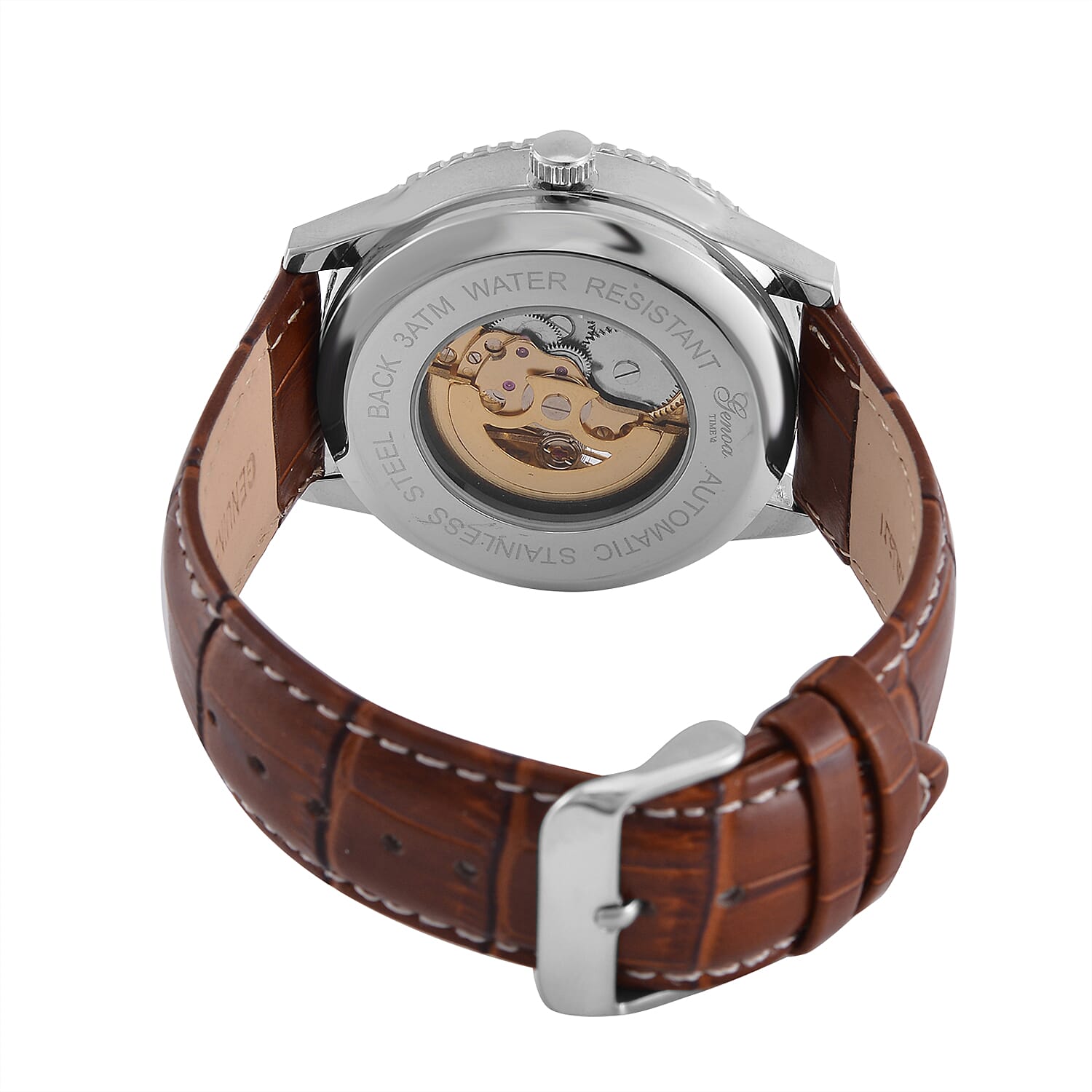 GENOA TIME V2 Automatic Movement Watch 3ATM Water Resistance with Skeleton Display stylish brown leather strap & stainless steel buckle.
