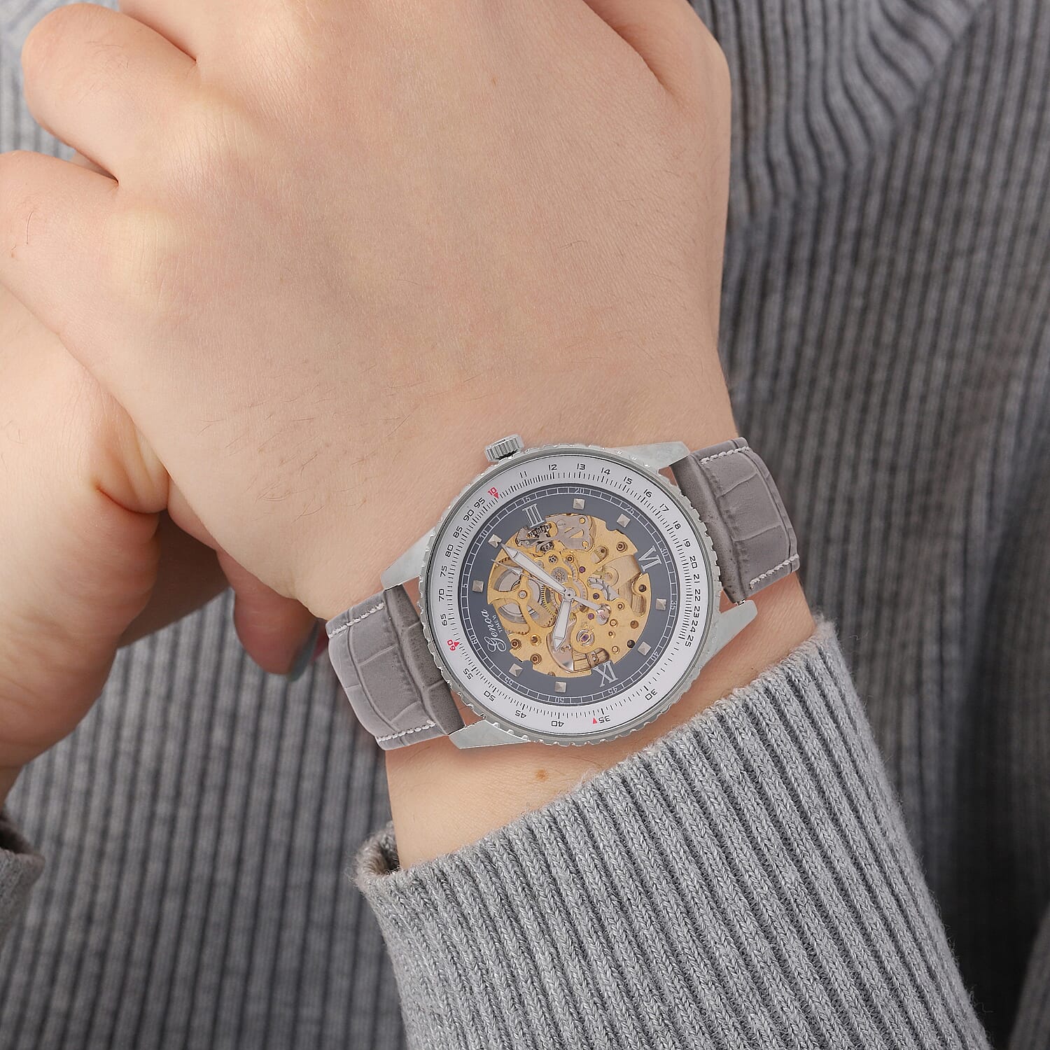 GENOA TIME V2 Automatic Movement Watch 3ATM Water Resistance with Skeleton Display stylish Grey leather strap & stainless steel buckle.