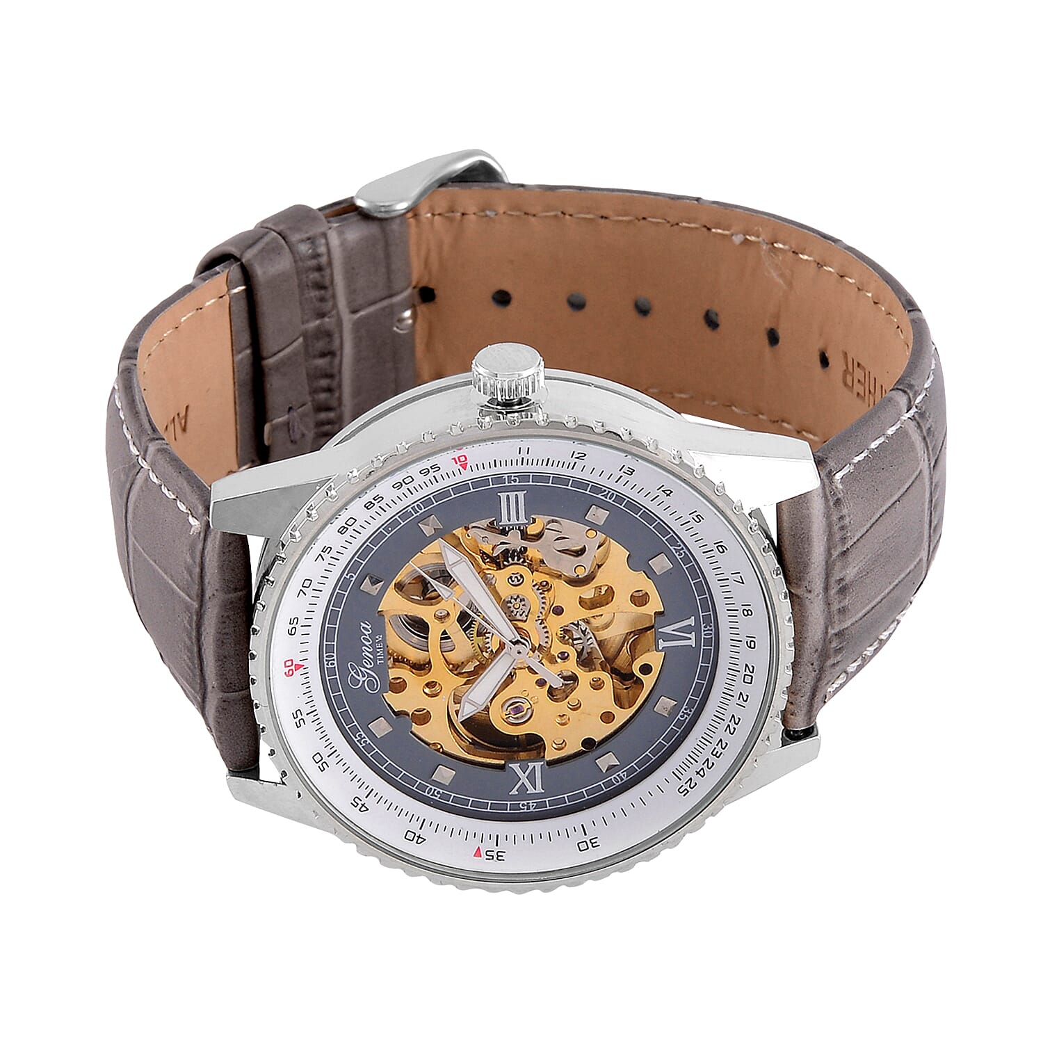 GENOA TIME V2 Automatic Movement Watch 3ATM Water Resistance with Skeleton Display stylish Grey leather strap & stainless steel buckle.