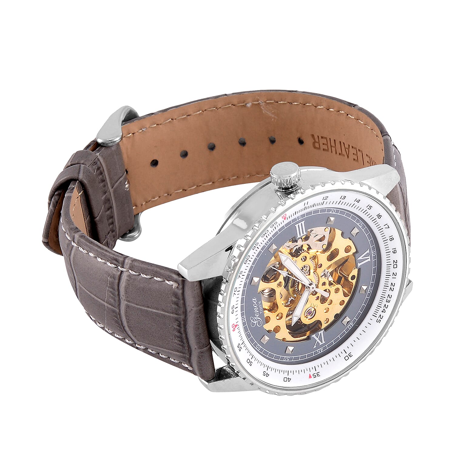 GENOA TIME V2 Automatic Movement Watch 3ATM Water Resistance with Skeleton Display stylish Grey leather strap & stainless steel buckle.
