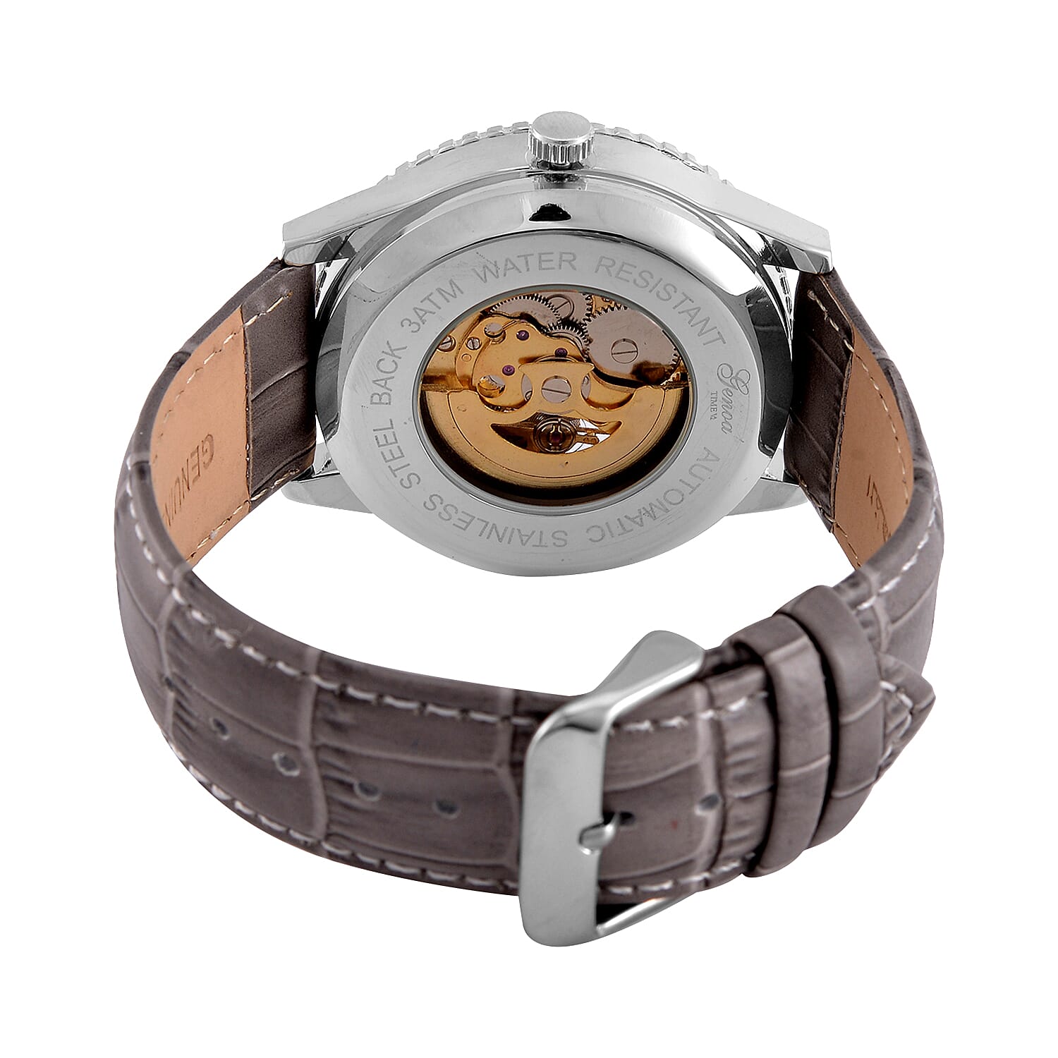 GENOA TIME V2 Automatic Movement Watch 3ATM Water Resistance with Skeleton Display stylish Grey leather strap & stainless steel buckle.