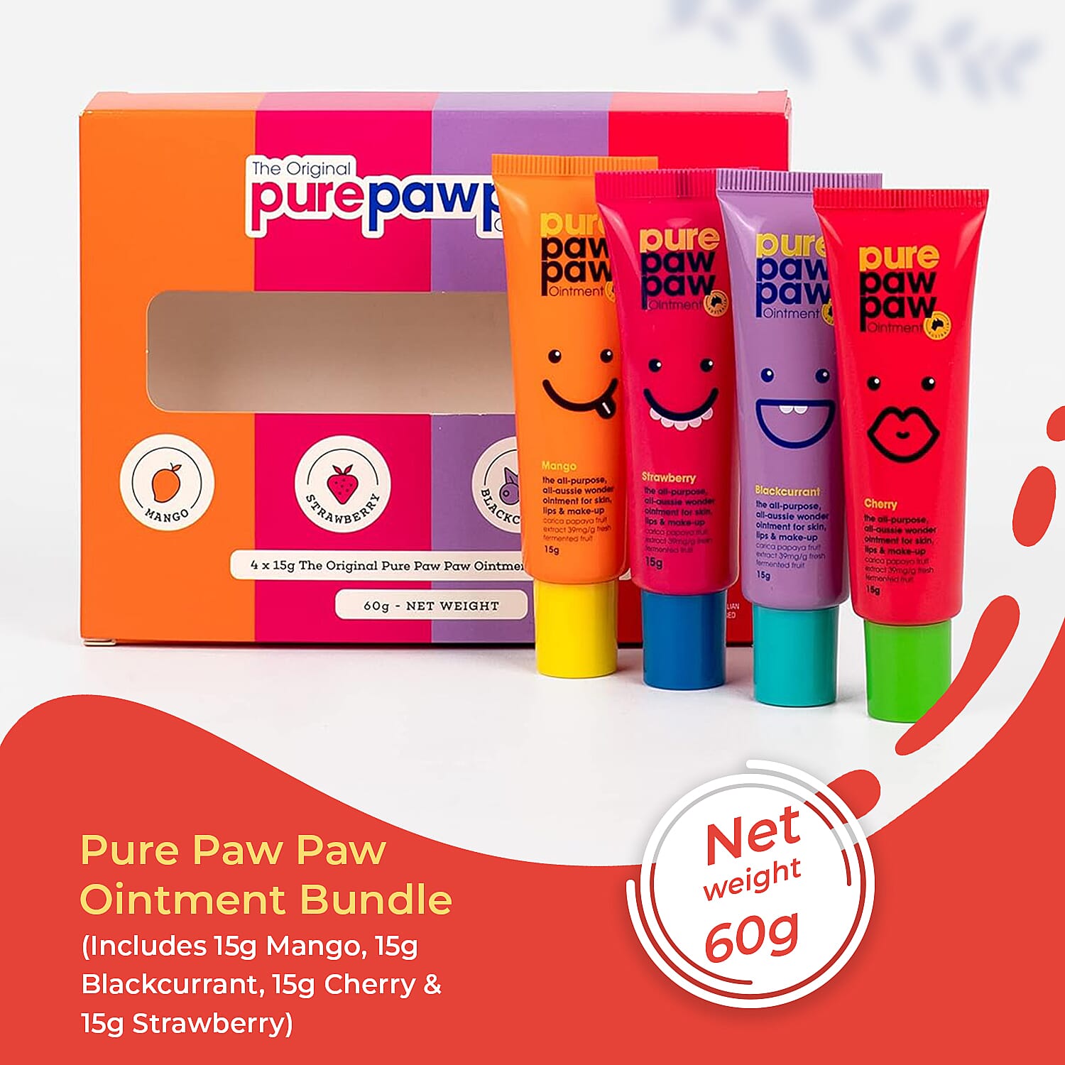 Pure Paw Paw Ointment Bundle (Includes 15g Mango, 15g Blackcurrant, 15g Cherry - 15g Strawberry) Pure Paw Paw Ointment Bundle (Includes 15g Mango, 15g Blackcurrant, 15g Cherry - 15g Strawberry)