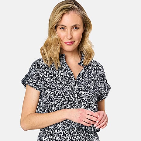 Emreco 100% Viscose Roll Sleeve Relaxed Fit Print Blouse (Size 12) - Navy