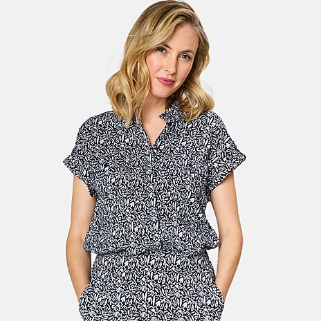 Emreco 100% Viscose Roll Sleeve Relaxed Fit Print Blouse (Size 14) - Navy