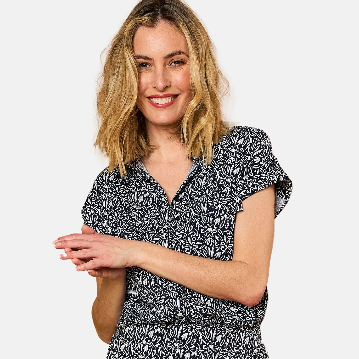 Roll Sleeve Relaxed Fit Print Blouse - Navy Roll Sleeve Relaxed Fit Print Blouse - Navy