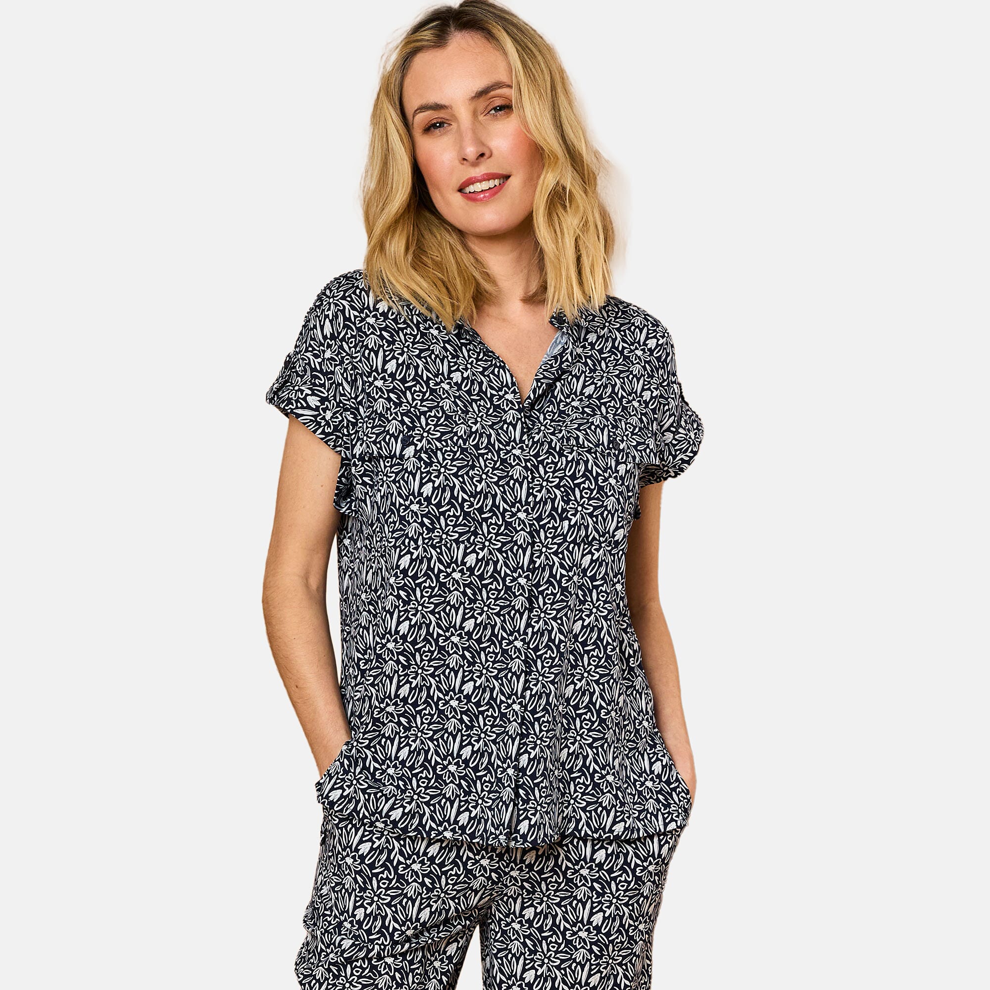 Roll Sleeve Relaxed Fit Print Blouse - Navy Roll Sleeve Relaxed Fit Print Blouse - Navy