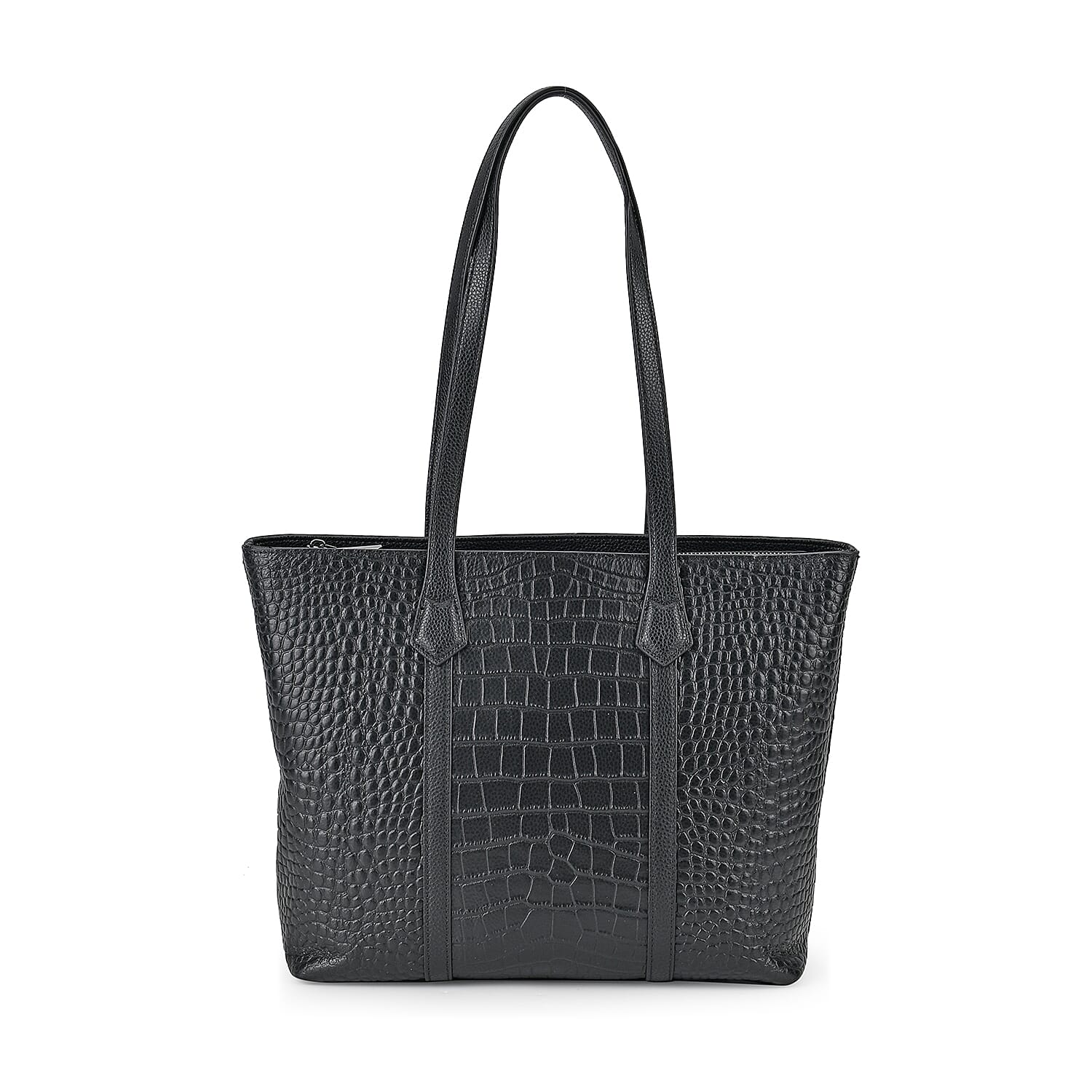 Leather Croco Embossed Tote Bag (Size 38x12x27 cm) - Black & Black