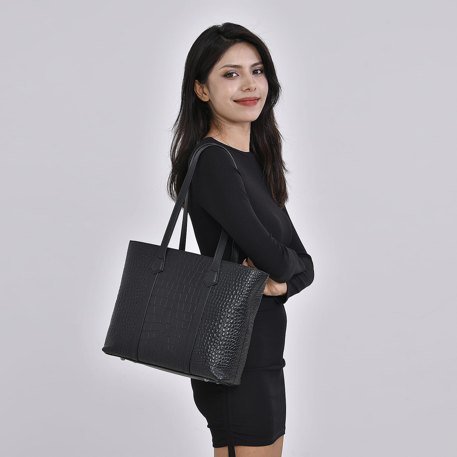 Leather Croco Embossed Tote Bag (Size 38x12x27 cm) - Black & Black