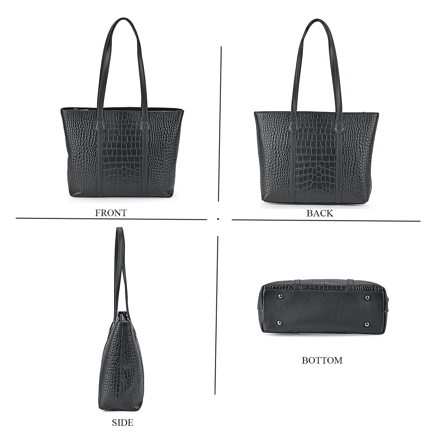 Leather Croco Embossed Tote Bag (Size 38x12x27 cm) - Black & Black