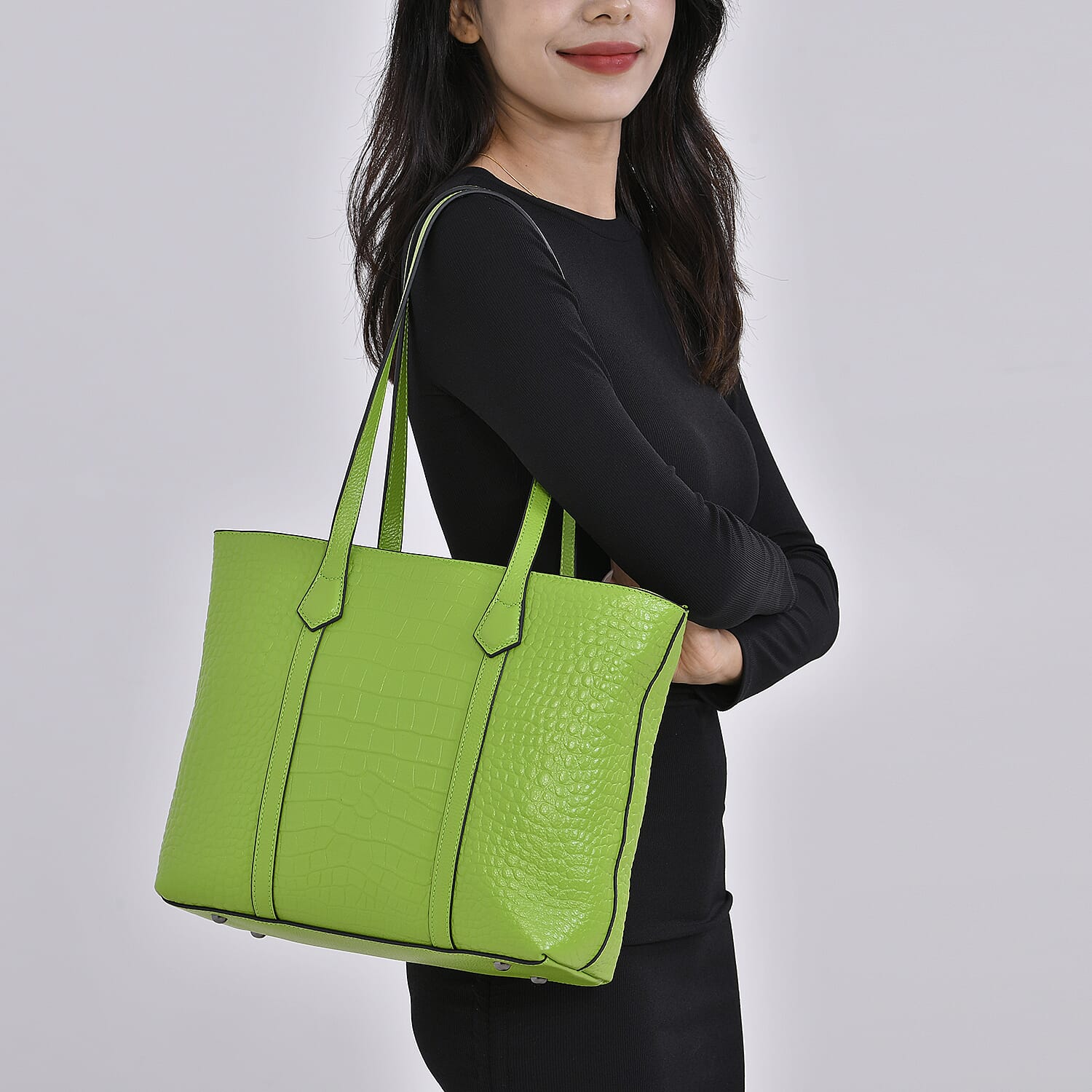 Leather Croco Embossed Tote Bag (Size 38x12x27 cm) - Olive & Black