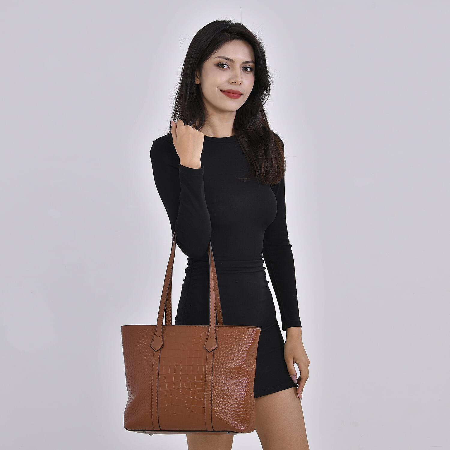 Leather Croco Embossed Tote Bag (Size 38x12x27 cm) - Tan & Black
