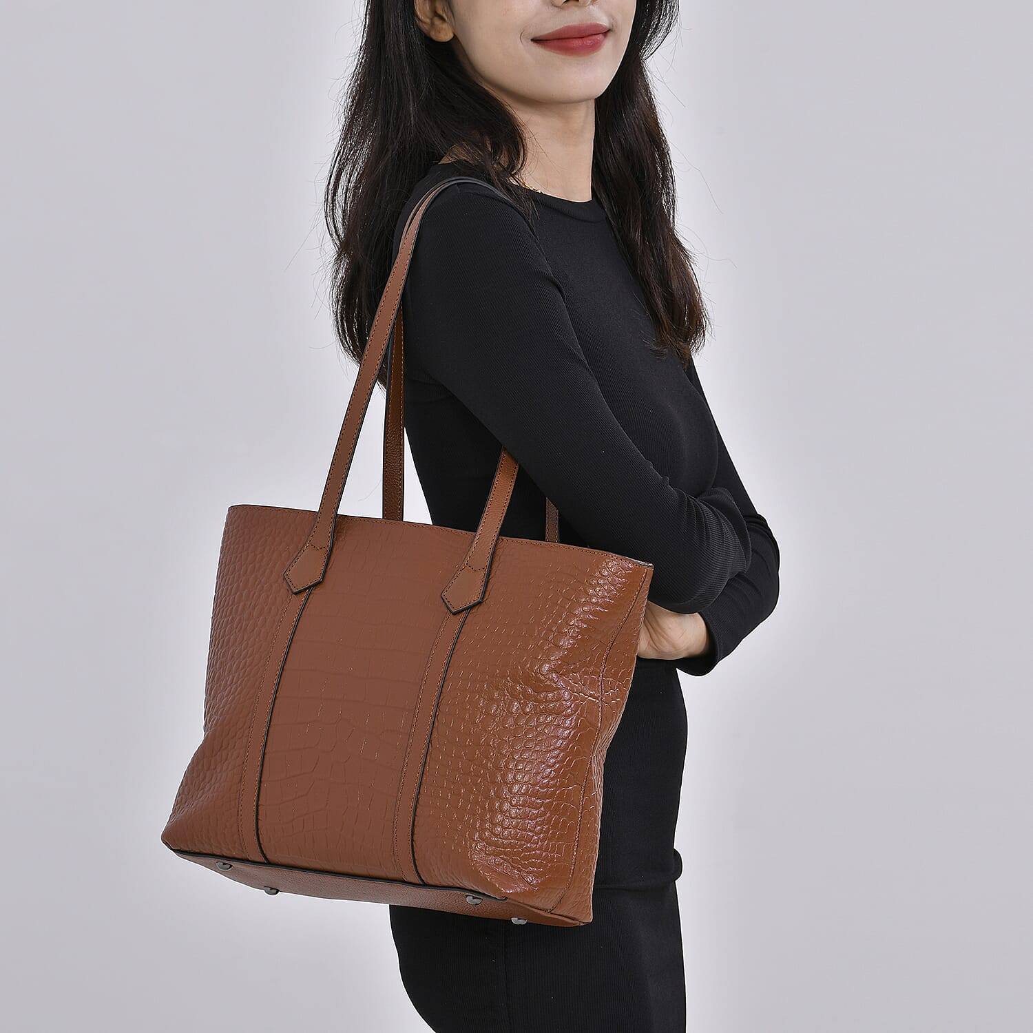 Leather Croco Embossed Tote Bag (Size 38x12x27 cm) - Tan & Black