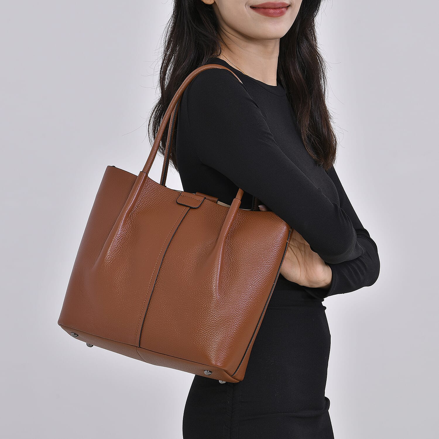 Genuine Leather Solid Tote Bag (Size 28x12x27 cm) - Brown