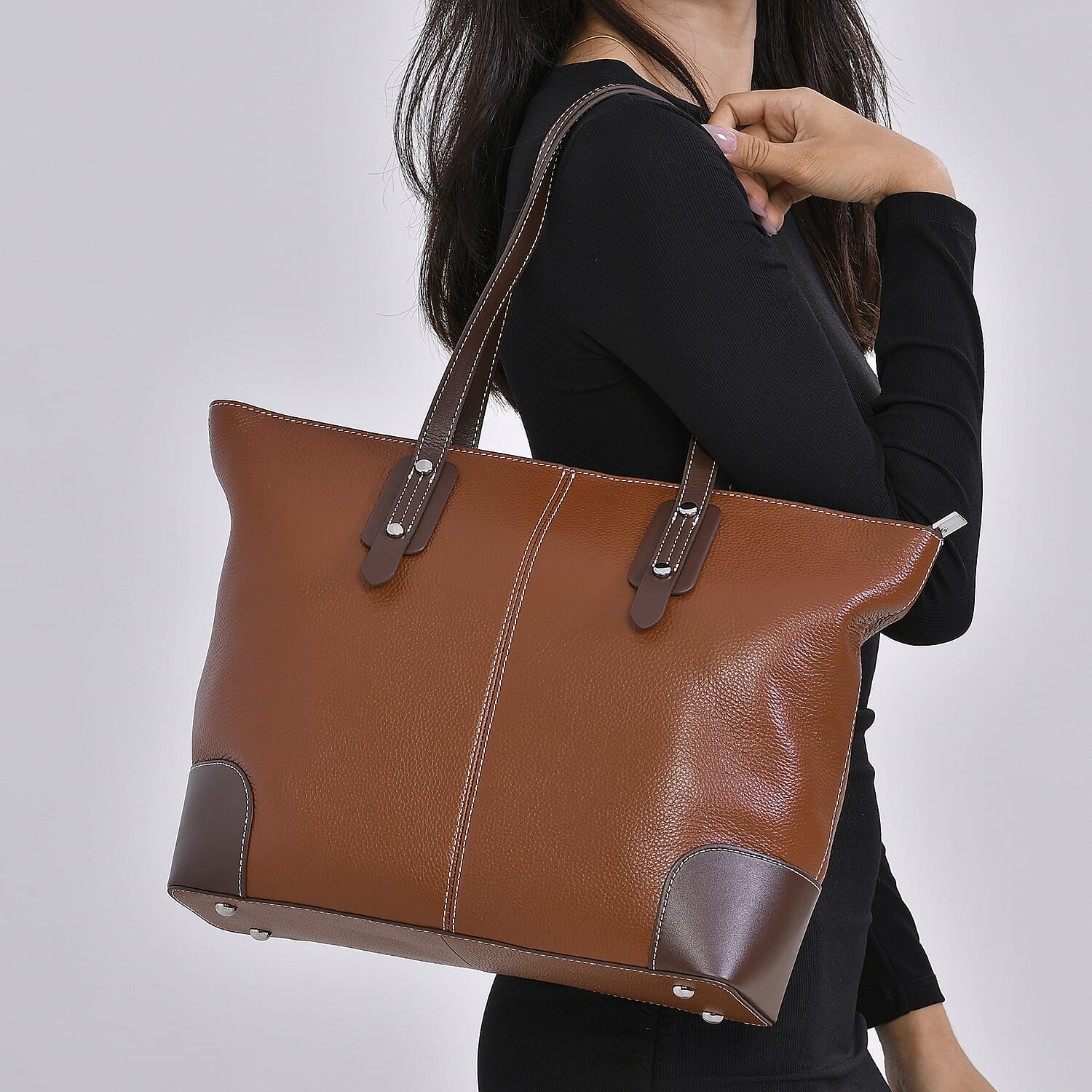 Genuine Leather Tote Bag with Handle Drop - Tan