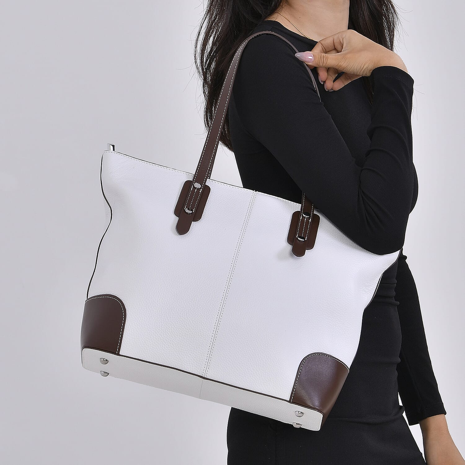 Genuine Leather Tote Bag with Handle Drop - White