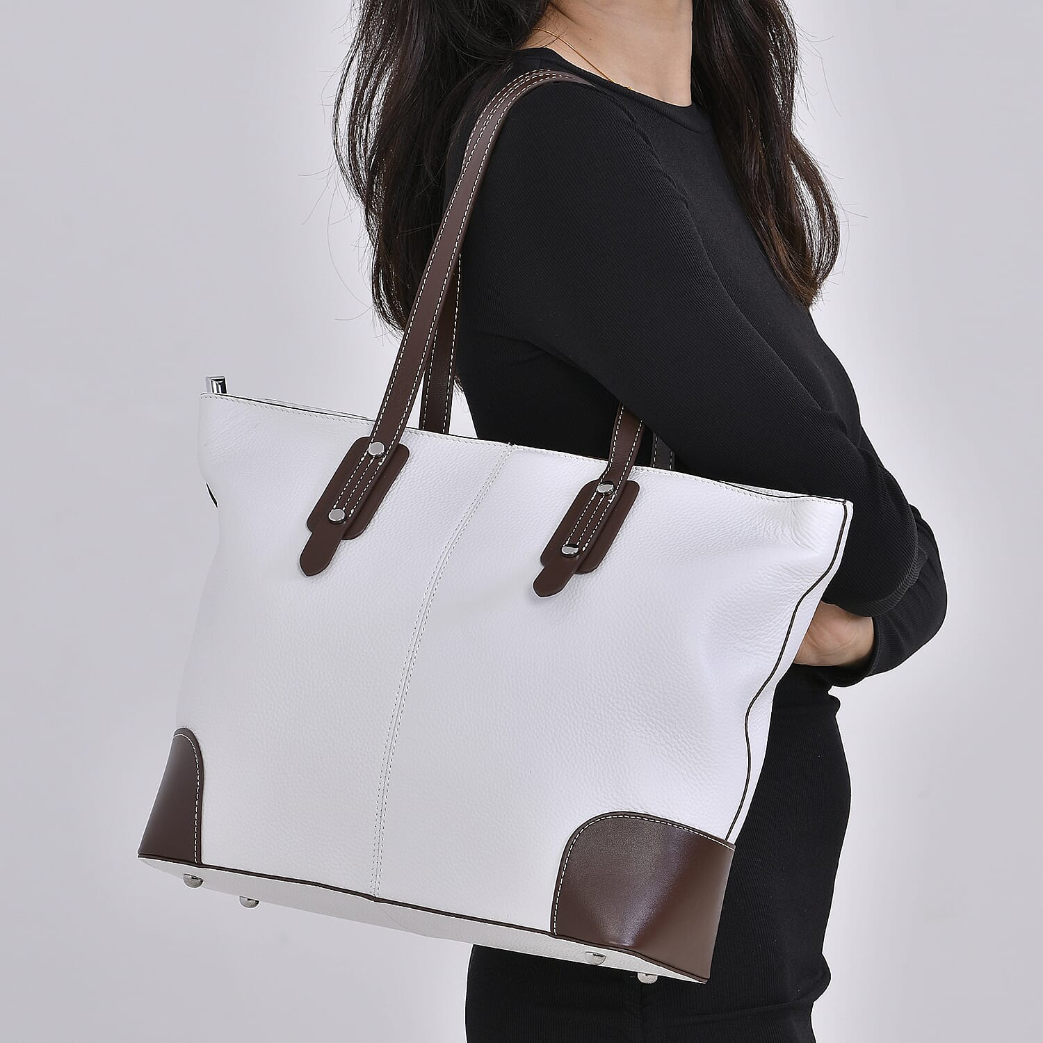 Genuine Leather Tote Bag with Handle Drop - White