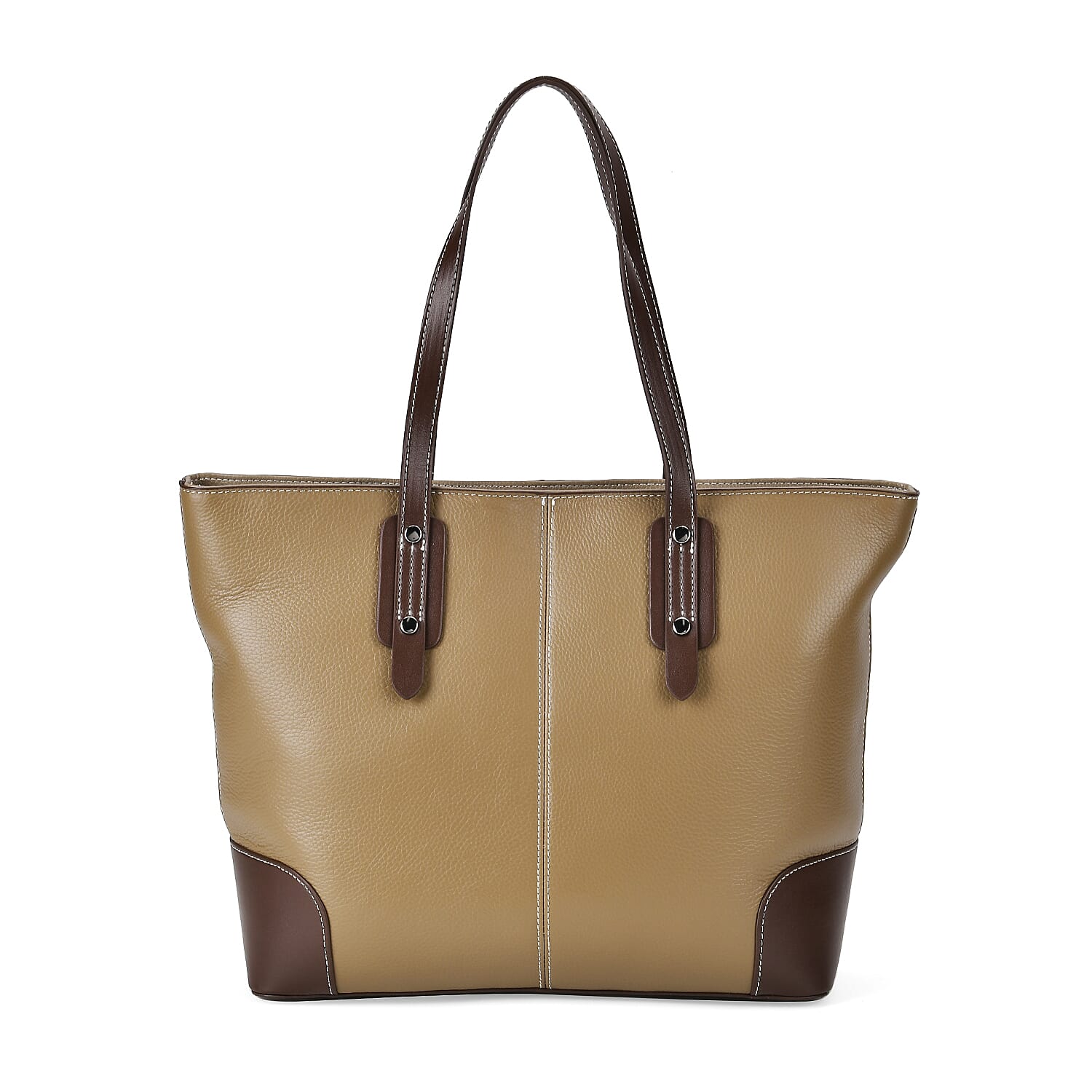 Genuine Leather Tote Bag with Handle Drop - Beige