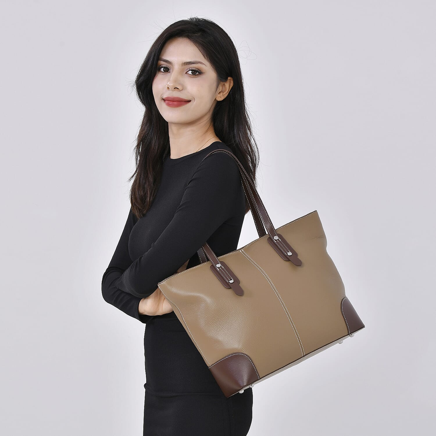 Genuine Leather Tote Bag with Handle Drop - Beige