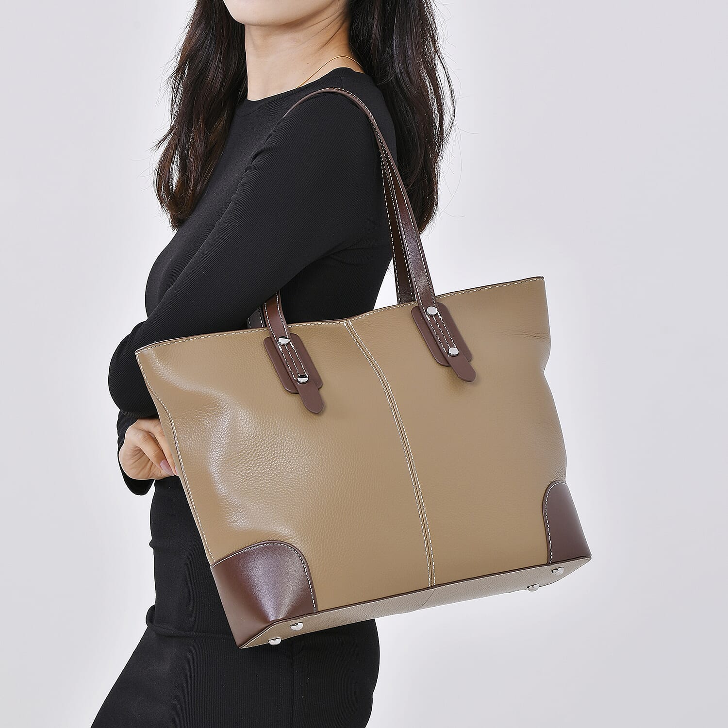 Genuine Leather Tote Bag with Handle Drop - Beige