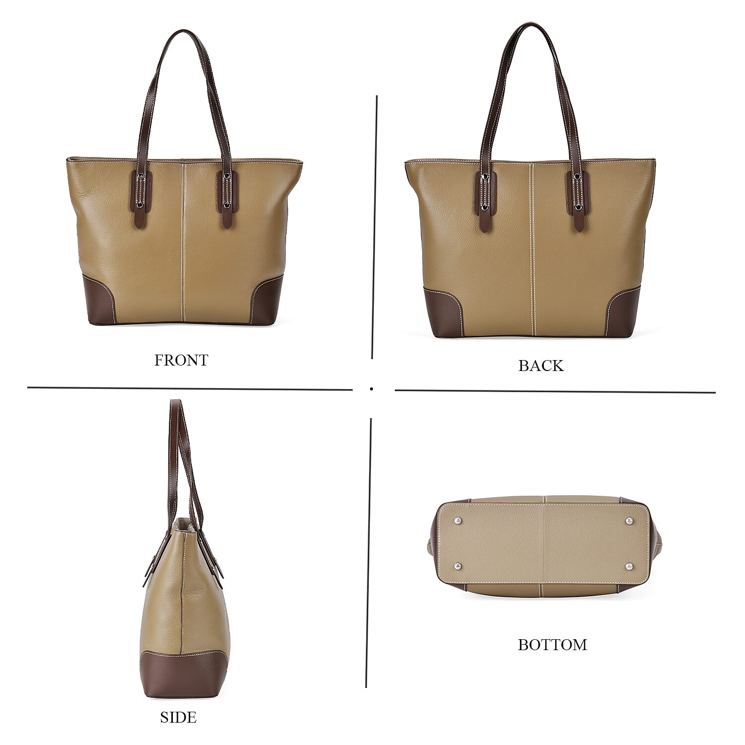 Genuine Leather Tote Bag with Handle Drop - Beige