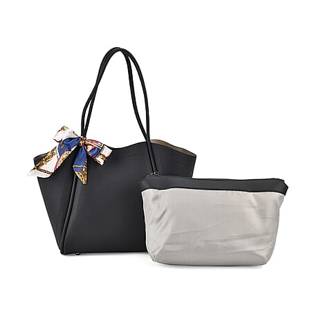 Genuine Leather Solid Tote Bag with Scarf and Zipper Bag - Black