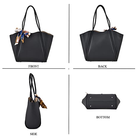 Genuine Leather Solid Tote Bag with Scarf and Zipper Bag - Black
