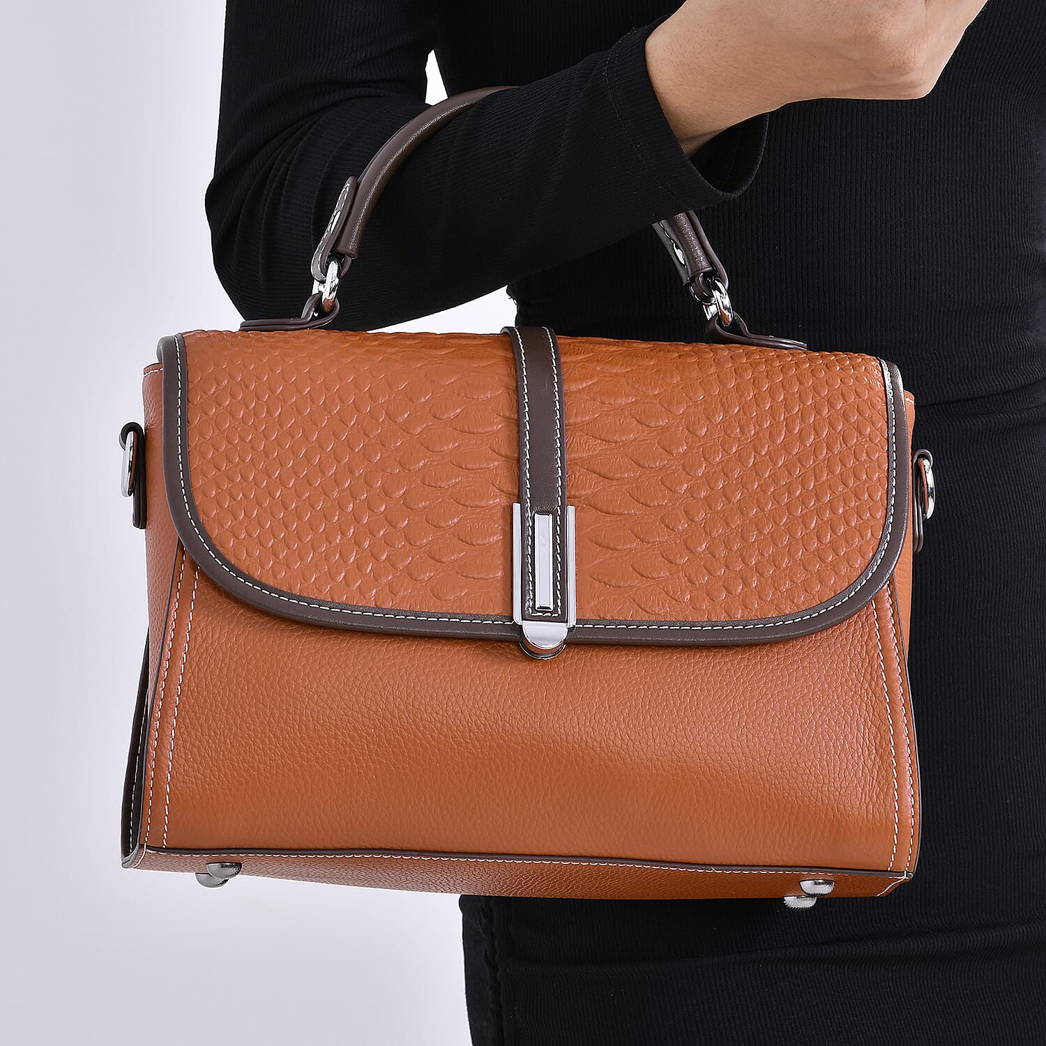 Genuine Leather Embossed Snake Pattern Crossbody Bag - Tan